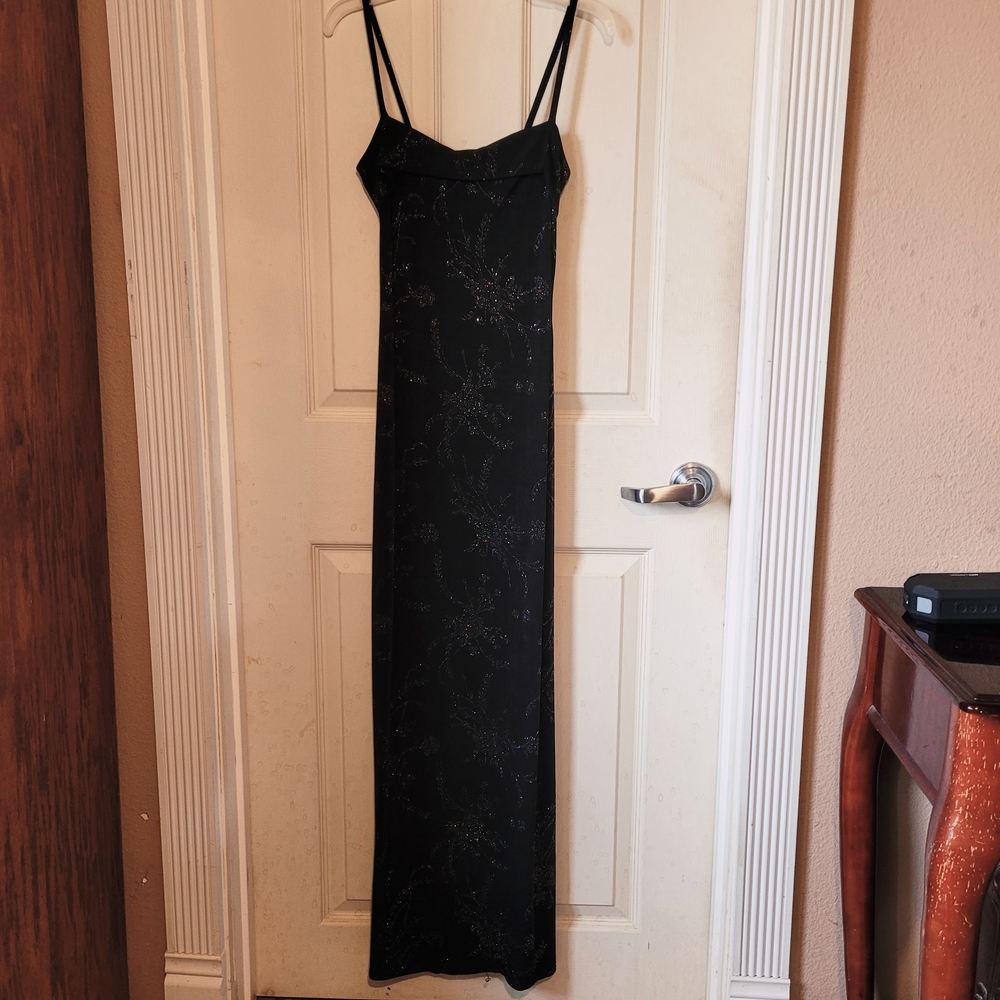 Vintage JUMP Black Glitter Rhinestones Floral Long Goth Black Dress
